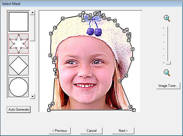 Brodeerauskuvioiden asettelu (Layout & Editing) Pyreällä rajauksella rajattu kuvio 3. Valitse Selet Mask (Valitse rajaus) - ikkunasta Next (Seuraava). 4.