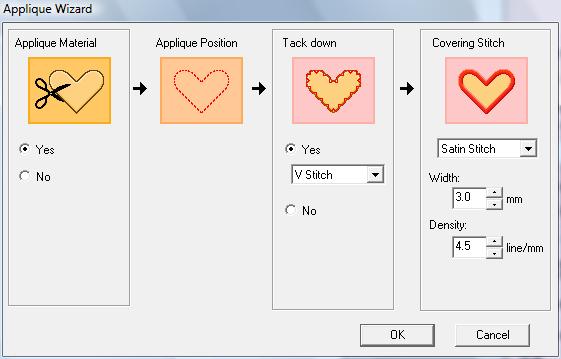 Brodeerauskuvioiden asettelu (Layout & Editing) Applikoinnin luonti (Ohjattu applikointitoiminto) Ohjattu applikointitoiminto antaa yksinkertaiset ohjeet applikointien luontiin.