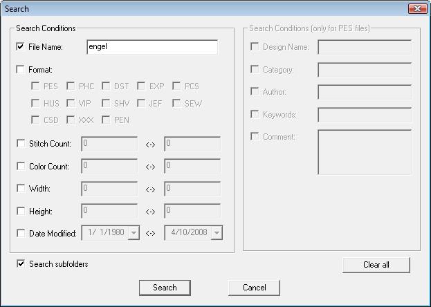 Brodeerauskuviotiedostojen hallinta (Design Database) Brodeerauskuvion etsiminen Hakutoiminnolla voit nopeasti etsiä haluamasi brodeerauskuvion (tiedostomuoto.pes,.ph,.dst,.exp,.ps,.hus,.vip,.shv,.