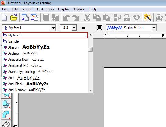 Font Creatorin perustoiminnot Vaihe 5 Brodeerauskuvion luonti luoduista fonttimerkeistä Luotuja fonttimerkkejä voi käyttää Layout & Editing