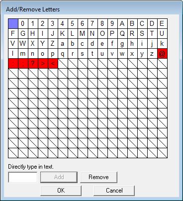 024 merkkiä. 1. Valitse File (Tiedosto) ja Add/Remove Letters (Lisää/poista kirjaimia). 2. Kirjoita luetteloon rekisteröitävä merkki näppäimistöllä.