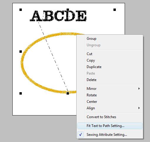 Napsauta sitä hiiren kakkospainikkeella ja valitse sitten Fit Text to Path Setting (Aseta teksti muodolle - asetukset).