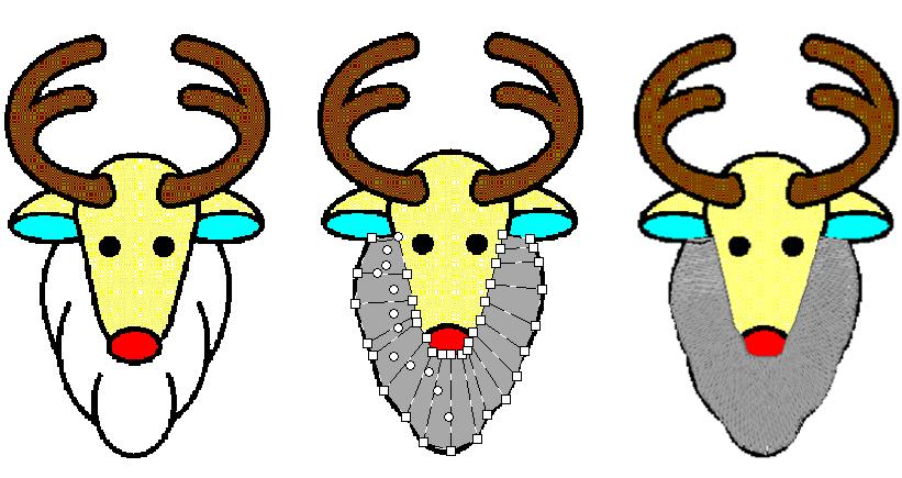 Brodeerauskuvioiden asettelu (Layout & Editing) Seuraavat esimerkit kuvaavat, miten mallina käytettävän kuvan porolle (Rudolph.bmp) piirretään parta manuaalisilla digitointityökaluilla.