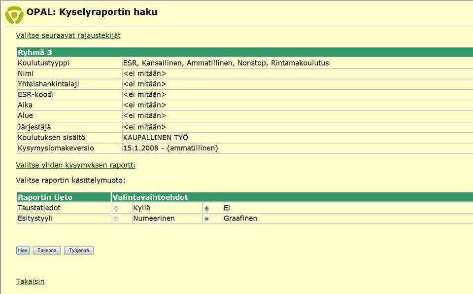 Seuraavassa esimerkissä on vertailtu kaikkien ammattinumerolla 3 alkavien koulutusten yleisarvosanaa ammattinumerolla 7 alkavien koulutusten yleisarvosanaan. Raportin muodostus kuvataan vaiheittain.