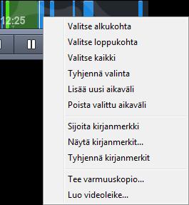 AIKAJANA Aikajanan ohjaaminen hiiren rullalla Kuva 1.7: Aikajanan ponnahdusvalikko. Tee varmuuskopio tai luo videoleike valitsemalla alku- ja loppukohta aikajanalta käyttäen ponnahdusvalikkoa.