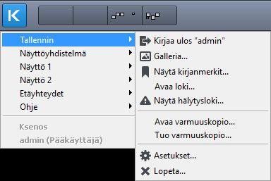 VALIKOT Valikot Tallennin-valikko Tallennin-valikko (Kuva 2.1) voidaan avata -painikkeesta aukeavasta valikosta. Kaikki Tallenninvalikon toiminnot on selitetty lyhyesti alla. Kuva 2.