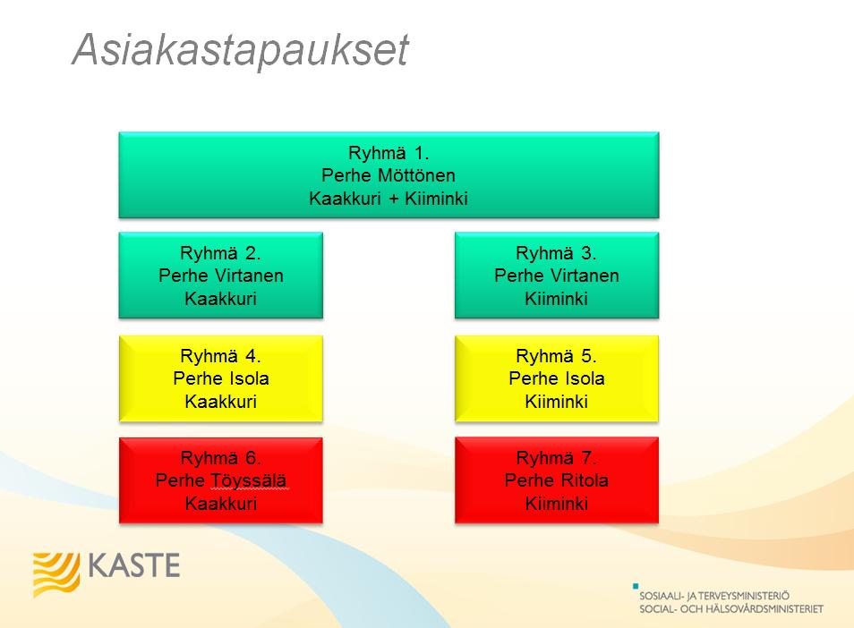 Kuva 2. Asiakastapaukset Työryhmät muodostettiin asiakastapausten perusteella siten, että ryhmissä oli edustettuna se asiantuntemus, jota asiakastapaus edellytti.