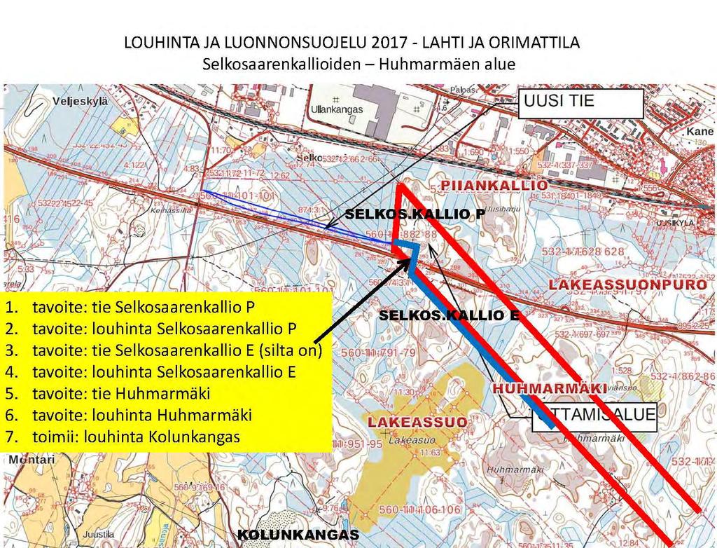 9 Selkosaarenkallioiden ja Huhmarmäen alue: LOUHINTA JA LUONNONSUOJELU 2017 LAHTI JA ORIMATTILA. Seuraukset olisivat aluksi verraten vähäiset Knuuttilantien rakentamisen muodossa.