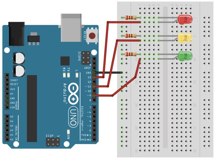 Kytke hyppylanka Arduinon pinnistä 13 punaisen ledin alempaan kytkentäjohtoon (samalle reikäriville), Arduinon pinnistä 11 keltaisen ledin alempaan