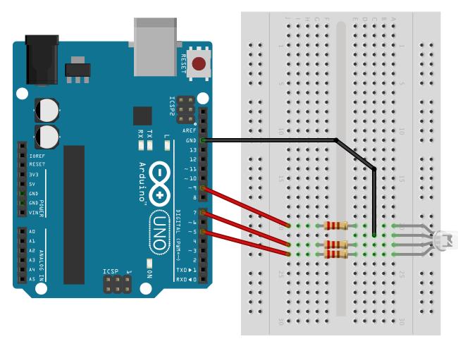 RGB-ledi Tarvittavat välineet: koekytkentälevy ja Arduino/Genuino Uno RGB-ledi tai 3 lediä (punainen, keltainen ja vihreä) 3 kpl 220 ohmin vastuksia (punainen-punainen-ruskea tai