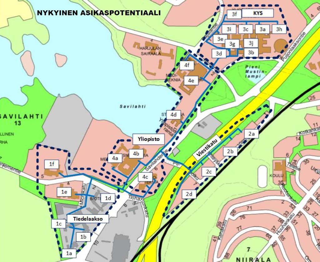 Savilahden alueen kaukojäähdytys Nykyinen potentiaali: KYS yht. n. 19 MW Yliopisto yht. n. 1 MW Viestikatu yht.