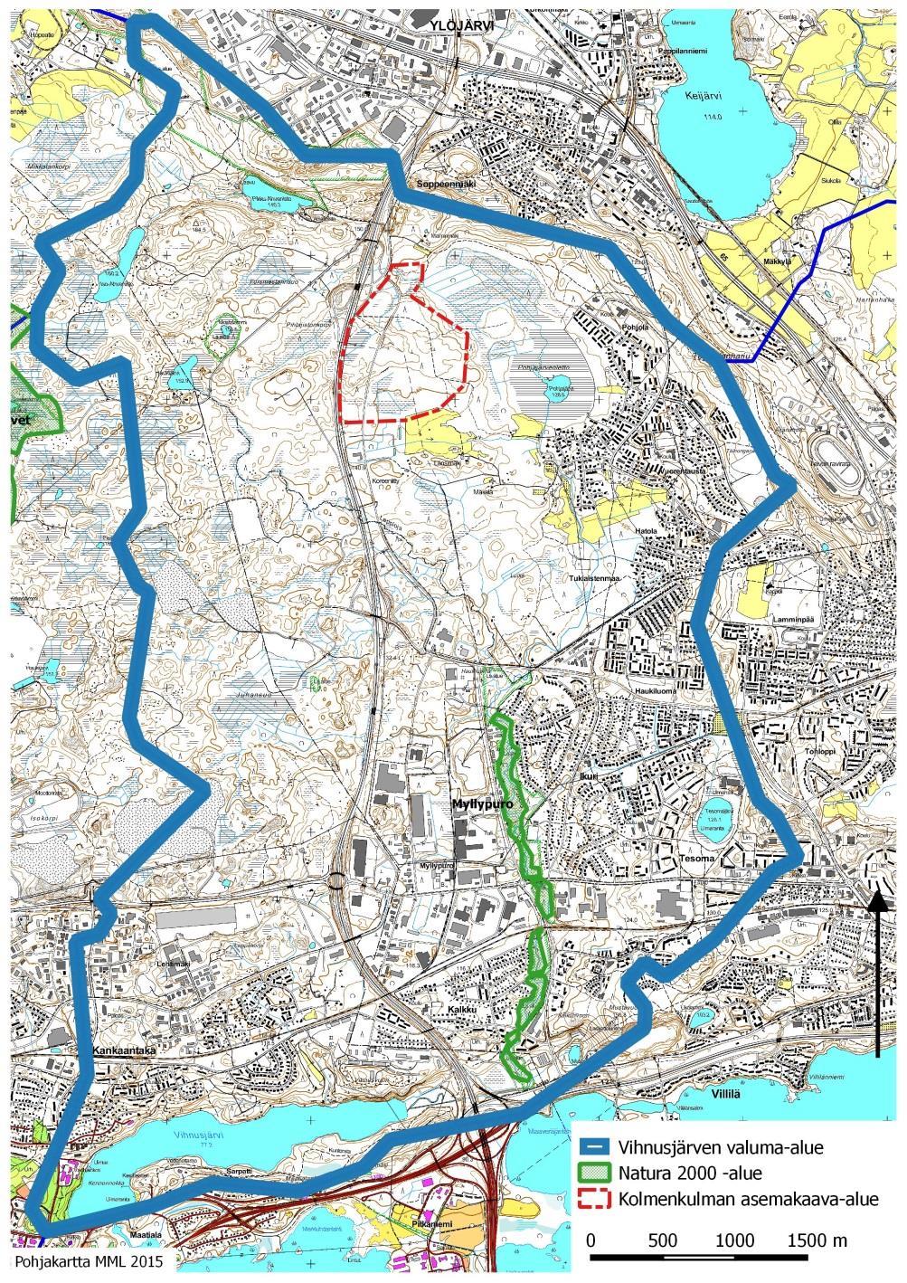 Kolmenkulman asemakaavoituksen Natura 2000-3 Kuva 2. Myllypuron Natura 2000 -alueen, Kolmenkulman asemakaavoitettavan alueen ja Vihnusjärven valuma-alueen sijainnit.