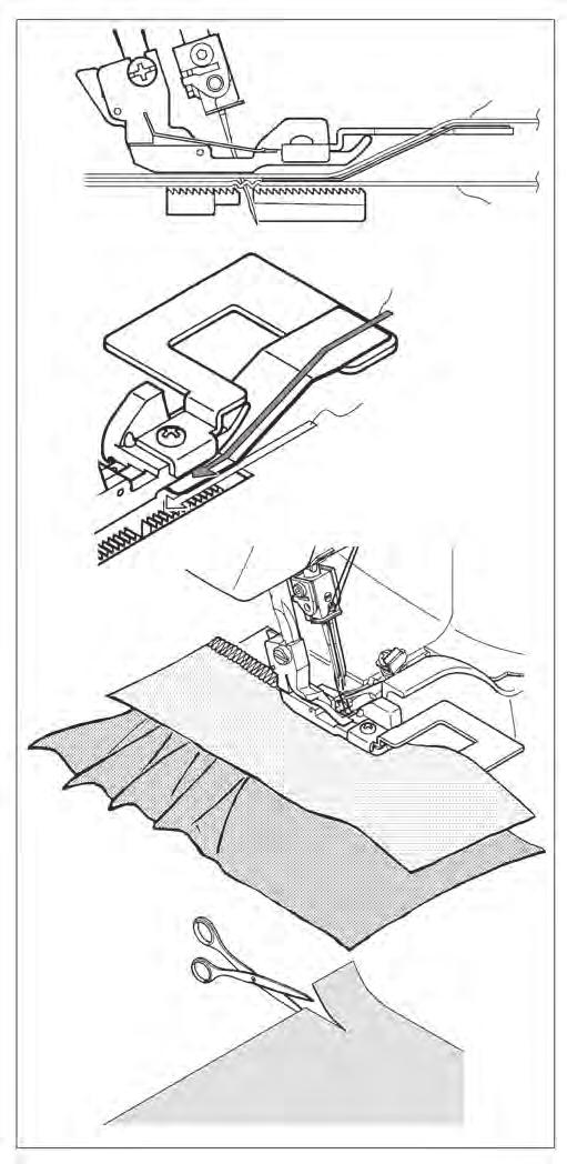 GATHERING/SHIRRING FOOT 1. Tension settings for gathering: Left needle 4 Differential feed 2.0 Right needle 4 Stitch length 4 Upper looper 4 Lower looper 4 2.