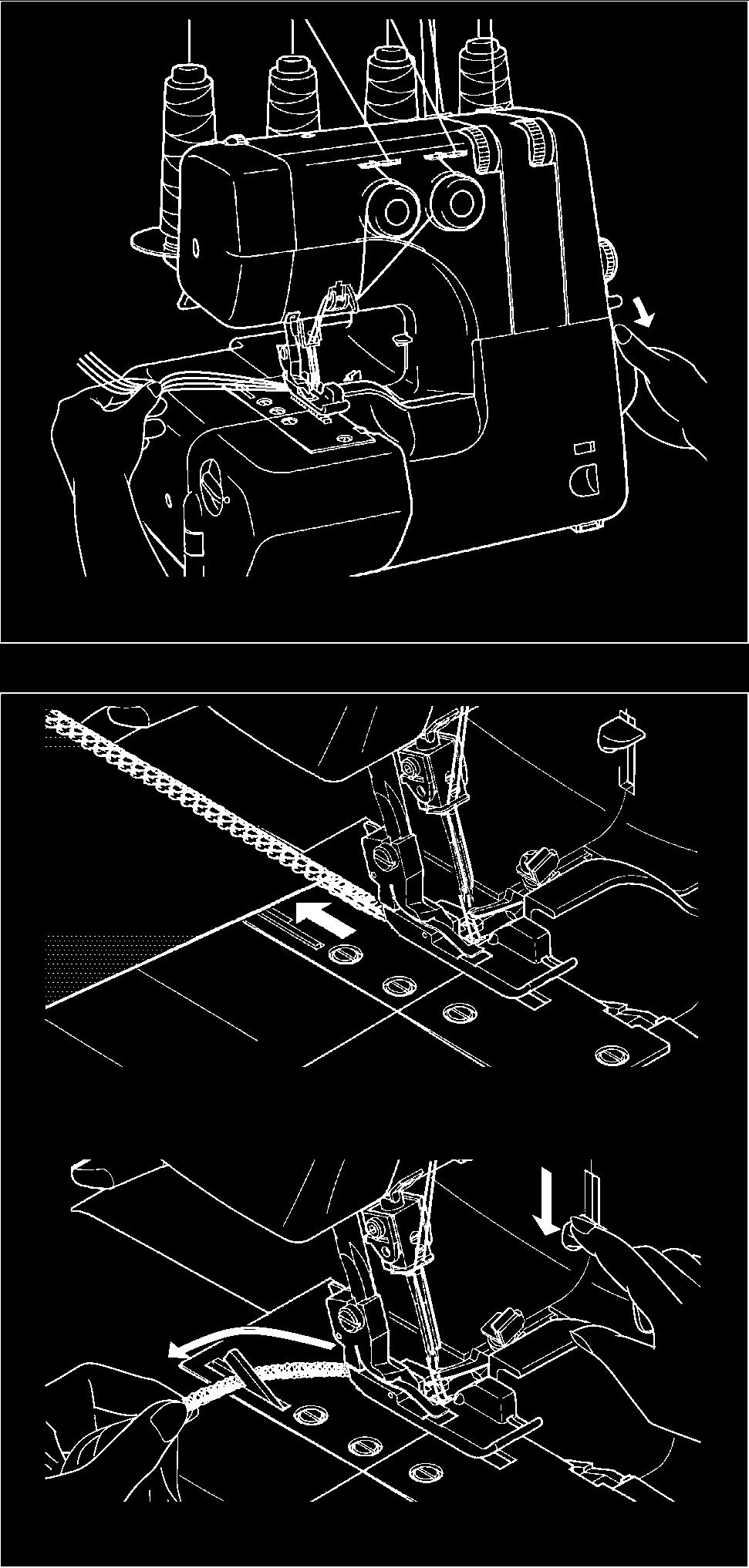 CUTTING WIDTH GAUGE (Model 097 only) When using cutting width gauge, the fabric is cut down and sewn at same distance from the edge of fabric within the distance of the width adjuster.