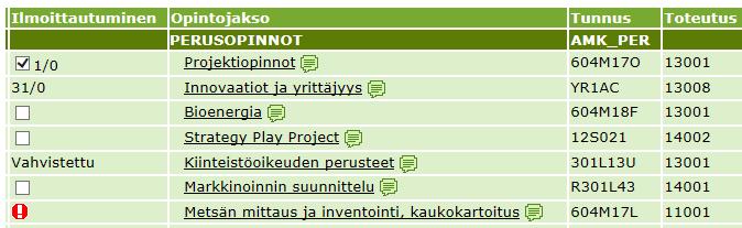 Jos opinnon kohdalla on Ilmoittautumis-sarakkeessa huutomerkki (= toteutus päättynyt) etkä ole suorittanut vielä kyseistä opintoa, voit ilmoittautua toiselle toteutukselle toteutussuunnitelman kautta