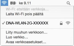 Langattoman verkkoyhteyden (WLAN) käyttöönotto MAC OS X -järjestelmässä onnistuu seuraavasti: 1. Paina yläkulmassa olevaa WLAN-kuvaketta. 2. Valitse oma verkkosi (SSID). 3.