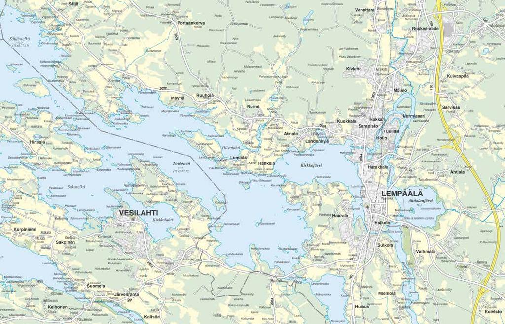 Seutukartasta löytyvät Ylöjärvelle, Nokialle, Pirkkalaan, Lempäälään ja Kangasalle lähtevät linjat pysäkkeineen.