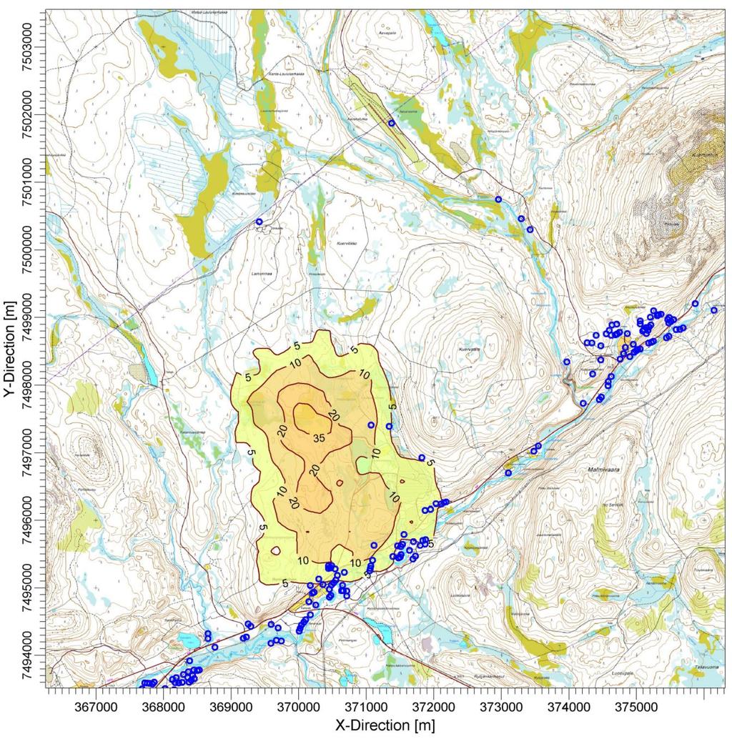 Kuva 9: Hannukaisen kaivosalueen rakentamisen aiheuttamat ilmanlaadun raja-arvoon verrattavat,