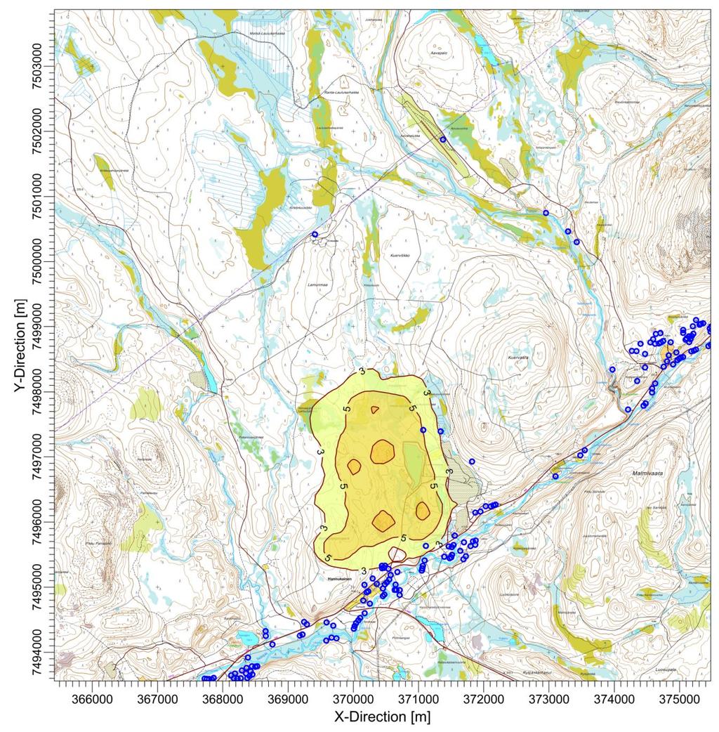 Kuva 14: Hannukaisen avolouhoksen toiminnan PM 10-päästöjen aiheuttamat vuosipitoisuudet ( g/m 3 ). Vuosipitoisuuden raja-arvo on 40 µg/m 3.