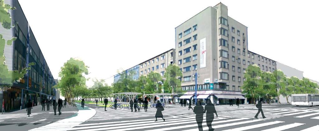 . Liikenteelliset ratkaisut. Aleksanterinkadun idealuonnos (kävelykatuosuus) Aleksanterinkatu muuttuu kävelykaduksi Rauhankadun ja Vesijärvenkadun välillä.