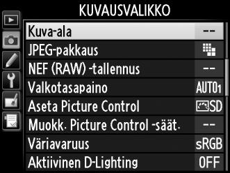 Kuva-ala voidaan asettaa kuvausvalikon kohdassa Kuva-ala tai painamalla säädintä ja kiertämällä komentokiekkoa. Kuva-alavalikko 1 Valitse kuvausvalikosta Kuva-ala.