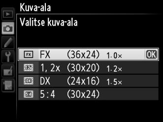 Korosta Automaattinen DX-rajaus tai Valitse kuva-ala ja paina 2. 3 Säädä asetuksia. Valitse haluamasi vaihtoehto ja paina J. Valittu rajaus näkyy etsimessä (0 81).