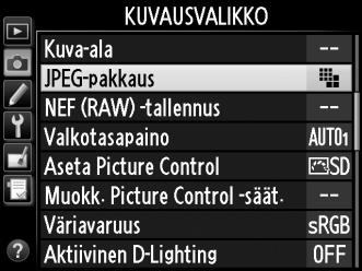 Seuraavia asetuksia voidaan käyttää kuvausvalikosta. Paina G-painiketta ja tuo esiin valikot, korosta haluamasi vaihtoehto ja paina 2. G-painike d JPEG-pakkaus Valitse JPEG-kuvien pakkaustyyppi.