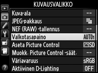 Asetus Värilämpötila * Kuvaus K Valitse värilämpötila 2 500 10 000 K Valitse värilämpötila luettelosta (0 152).