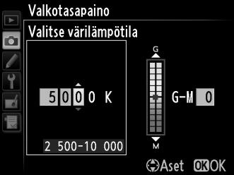 Värilämpötilan valitseminen Kun valkotasapainoksi on valittu K (Valitse värilämpötila), värilämpötila voidaan valita käyttämällä kuvausvalikon vaihtoehtoa Valkotasapaino tai U-painiketta,