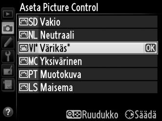 Korosta haluamasi Picture Control -säädin Picture Control - luettelosta (0 163) ja paina 2. 2 Säädä asetuksia. Korosta haluamasi asetus painamalla 1 tai 3 ja valitse arvo painamalla 4 tai 2 (0 166).