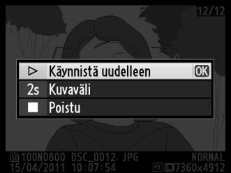 Kuvaesitys G-painike D-toistovalikko Luo kuvaesitys nykyisen toistokansion valokuvista (0 260). Piilotettuja kuvia (0 260) ei näytetä. Asetus Käynnistä Kuvatyyppi Kuvaväli Kuvaus Käynnistä kuvaesitys.