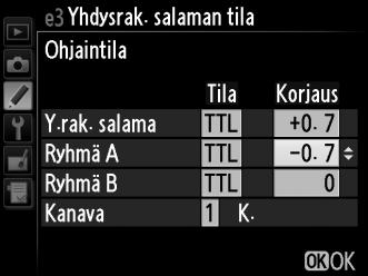 Seuraavassa on ohjeet kuvaamiseksi ohjaustilassa. 1 Muuta yhdysrakenteisen salaman asetuksia. Valitse yhdysrakenteisen salaman salamatila ja teho. Huomaa, ettei tehoa voi säätää -tilassa.