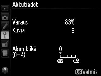 Akkutiedot G-painike B-asetusvalikko Katsele kamerassa asennettuna olevan akun tietoja. Kohta Varaus Kuvia Kalibrointi Akun k.ikä Kuvaus Akun jäljellä oleva varaustaso prosenttilukuna.