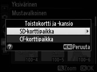 Jos haluat katsella muissa kohteissa olevia kuvia, paina W ja valitse haluamasi kortti ja kansio sivulla 221 kuvatulla tavalla.