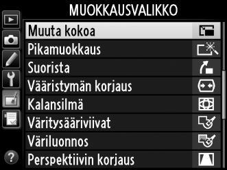 Muuta kokoa G-painike N-muokkausvalikko Luo valituista kuvista pieniä kopioita. 1 Valitse Muuta kokoa.