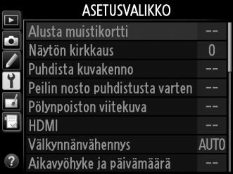 Kameran valikoiden käyttäminen Valikkopainikkeet Monivalitsinta ja J-painiketta käytetään kameran valikoissa liikkumiseen.