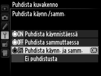 Puhdista käynn./samm. Käytettävissä ovat seuraavat vaihtoehdot: Asetus 5 Puhdista käynnistäessä 6 Puhdista sammuttaessa Puhdista käynn. 7 ja samm.