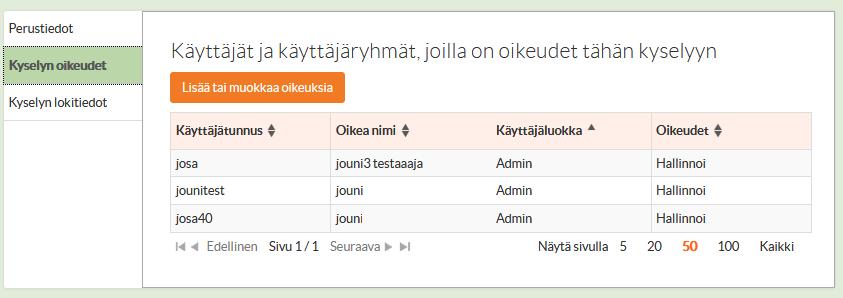 Tarkastele kyselyn oikeuksia Voit tarkastella Kyselyn lokitietoja ja kuka on muokannut