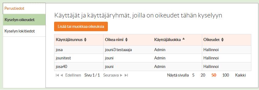 ratasikonia kyselyn kohdalla ja avautuu valikko josta