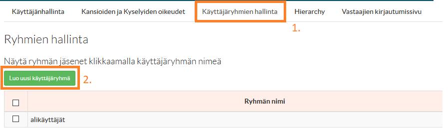 Avautuu näkymä josta voit lisätä oikeudet käyttäjälle. Käyttäjäryhmän luonti 1.