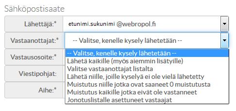 Vastaanottajat Lähetä kaikille (myös aiemmin lisätyille) viesti lähetetään kaikille vastaanottajien listalla oleville Valitse vastaanottajat listalta Tätä vaihtoehtoa voit käyttää