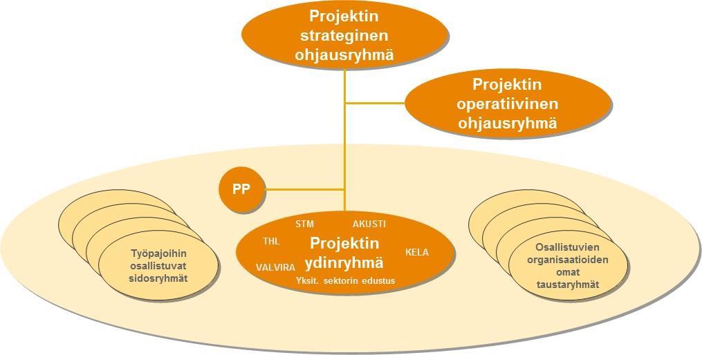 kunta ja sairaanhoitopiiriedustajat 20 (projekti) + 20 työpajat Yksityisen sektorin edustajat 20 (projekti) + 20 työpajat 4 Organisointi ja