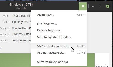 ... SMART-tiedot ja -testit -ikkunan vasemmasta alakulmasta