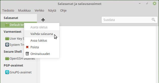 149 Vasemmalta kohdasta salasanat klikataan hiiren oikealla kuvan mukaisesti, joka voi olla default keyring tai login. Valitaan vaihda salasana.