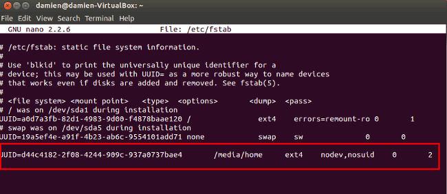 UUID=xxx-xxxxx-xxxxx /media/home ext4 nodev,nosuid 153 0 2 Replace the UUID with the UUID value of the external partition. Nano: Save (Ctrl + o), hit enter and exit (ctrl + x) the file.