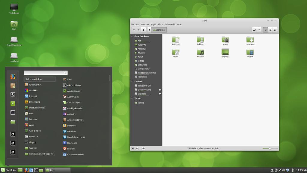 18 Kuva 2.3.3.1: Linux Mint Cinnamon 17.3 työpöytä ja Nemo-tiedostoselain. Mintin versiosta 17 alkaen Mint on pohjautunut vain Ubuntun LTS-versioihin.