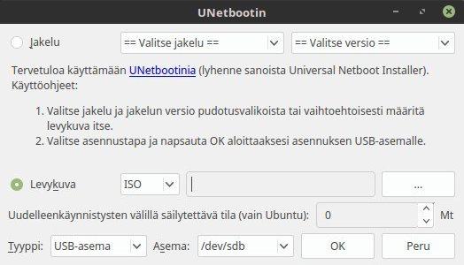 25 Tarkista, että kohdassa asema on oikea USB-tikun polku, esimerkiksi sdb vastaa lsblkkomennossa oikeaa USB-tikkua. Sitten valitse levykuva ja hae siihen ladattu ISOlevykuvatiedosto.
