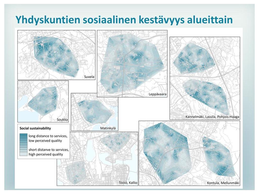 Lopuksi teimme vielä kokeilun, jossa pyrimme visualisoimaan sosiaalisen kestävyyden paikallista vaihtelua.