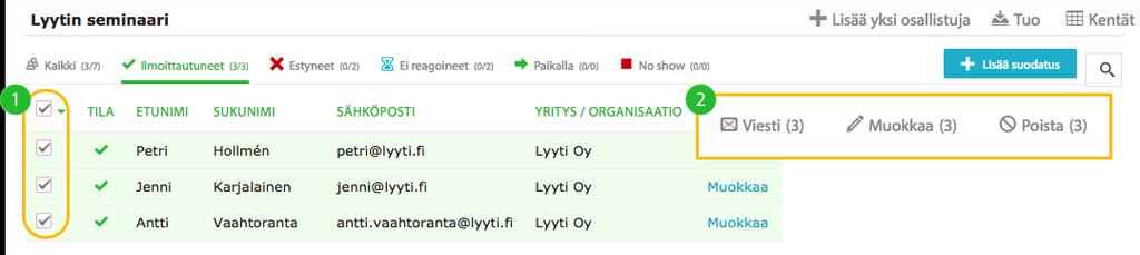 Ilmoittautumisen aikana tilat muuttuvat ilmoittautuneeksi tai estyneeksi. Merkitse tapahtuman jälkeen Lyytiin paikalla olleet ja no showt.