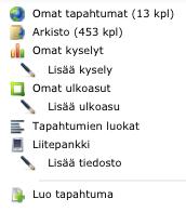 Uuden tapahtuman luominen 1) Tapahtuman tiedot Lähde liikkeelle klikkaamalla vasemmasta pystyvalikosta Luo tapahtuma Tapahtuman tiedoissa määrität, mistä tapahtumasta on kyse, milloin se on, milloin